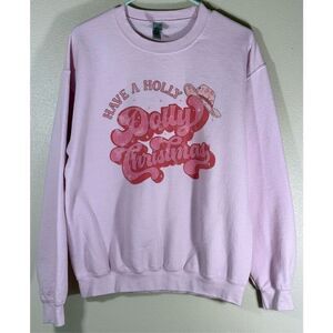 “Have a Holly Dolly Christmas” Light Pink Crewneck Holiday Sweatshirt Medium